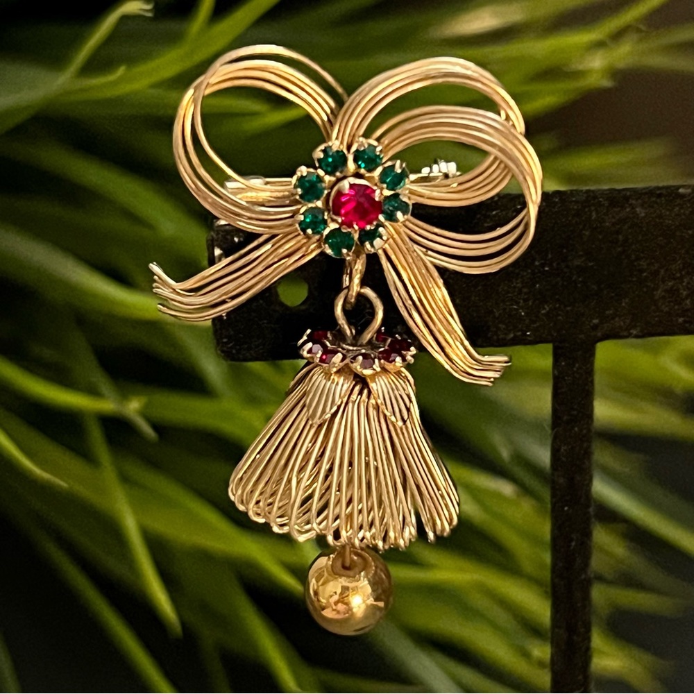 Vintage Christmas Holiday Bow Bell Rhinestone Brooch Gold-tone Dangler Pin